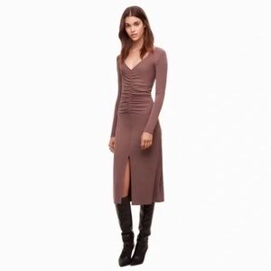 Aritzia Wilfred Aveyron Long Sleeve Midi Dress Soft Brown V Neck Ruched XS Slit